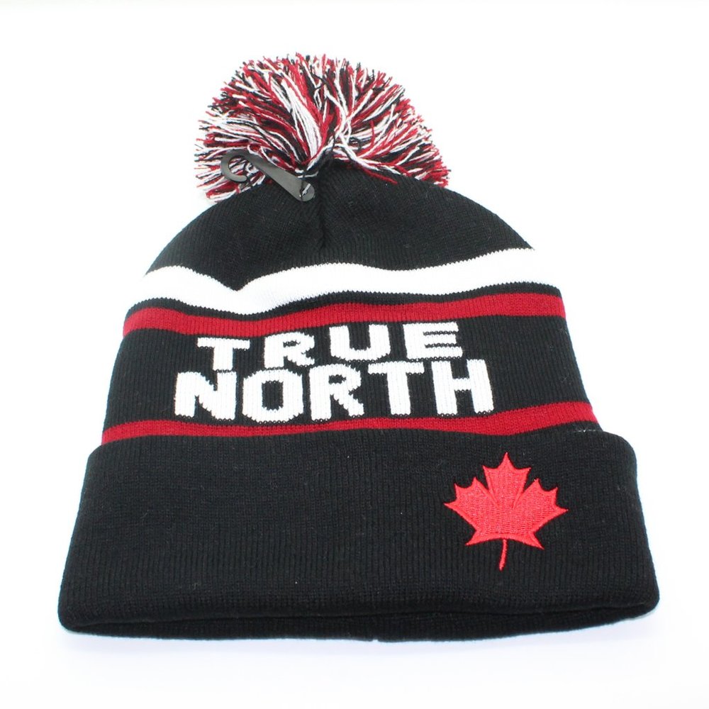TRUE NORTH CANADA Maple Leaf Pompom Cuffed Black Winter Hat - NWOT